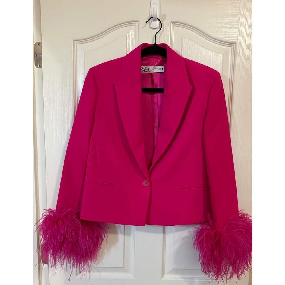 Zara Feather Cuff Blazer Fuschia Avant Garde Women's Oversized XS Barbie NWOT - Picture 2 of 8